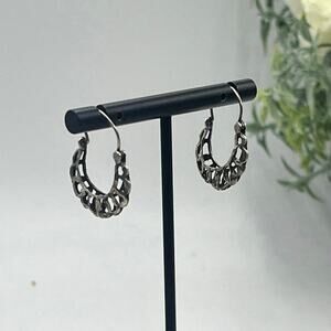 Sterling Silver Basket Weave Diamond Cut Crescent‎ Shaped Filigree Hoop Earrings